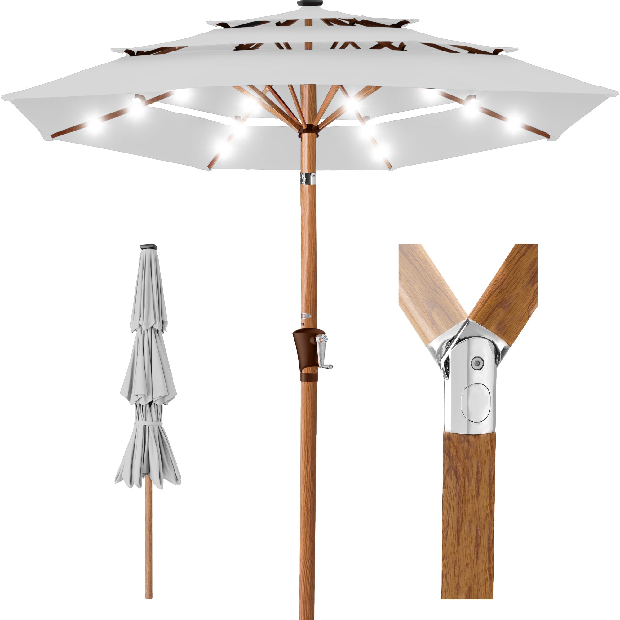 3-Tier Woodgrain Pattern Solar Patio Umbrella Tilt Adjustment - 10ft