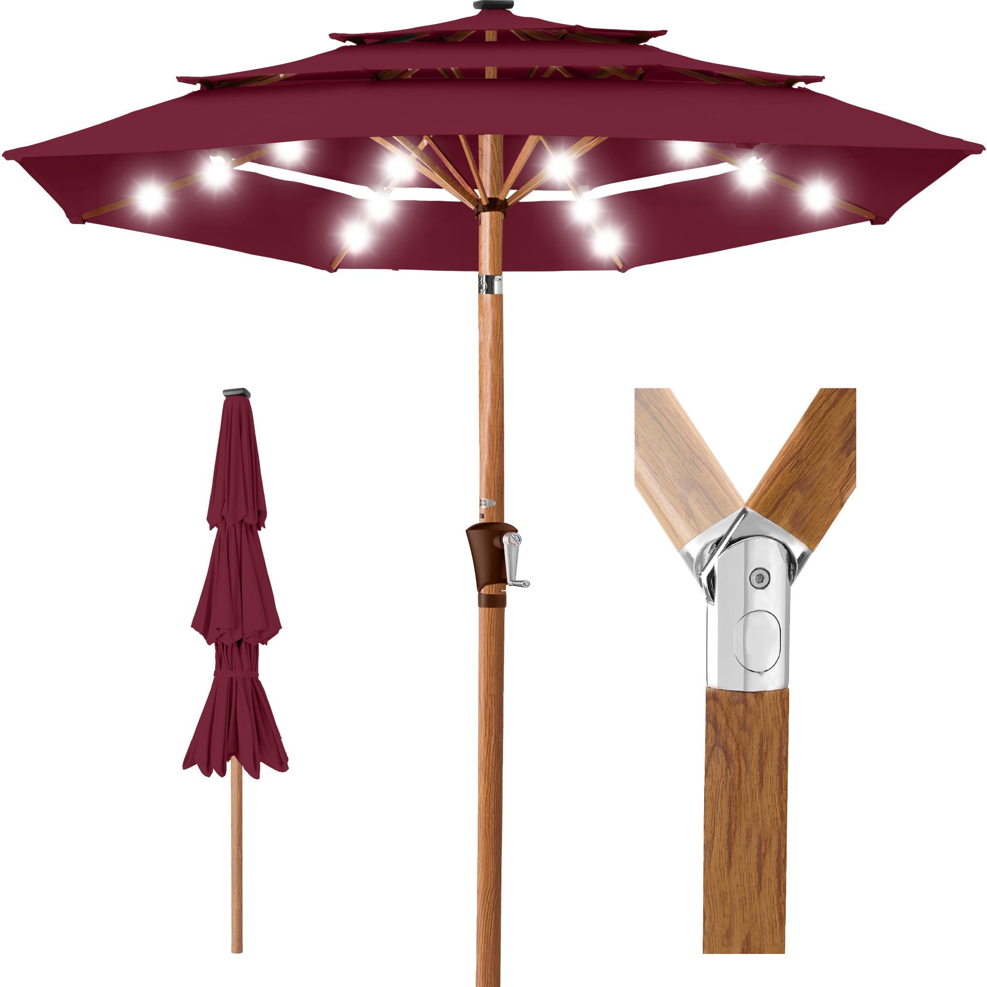 3-Tier Woodgrain Pattern Solar Patio Umbrella Tilt Adjustment - 10ft