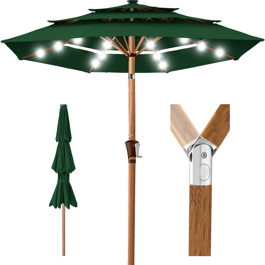3-Tier Woodgrain Pattern Solar Patio Umbrella Tilt Adjustment - 10ft