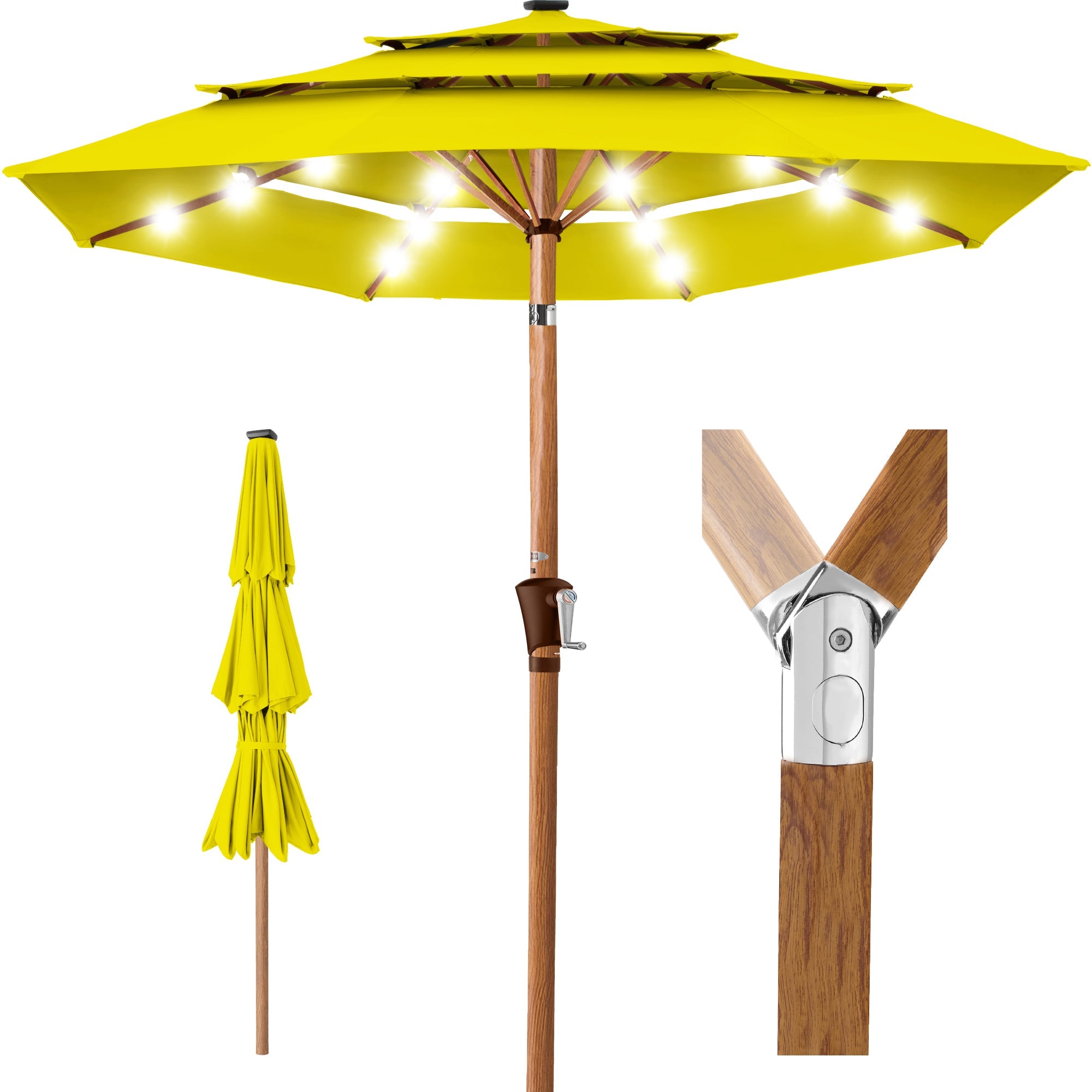 3-Tier Woodgrain Pattern Solar Patio Umbrella Tilt Adjustment - 10ft
