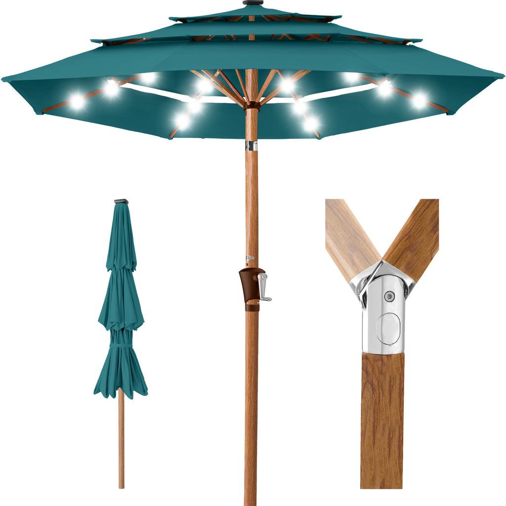 3-Tier Woodgrain Pattern Solar Patio Umbrella Tilt Adjustment - 10ft
