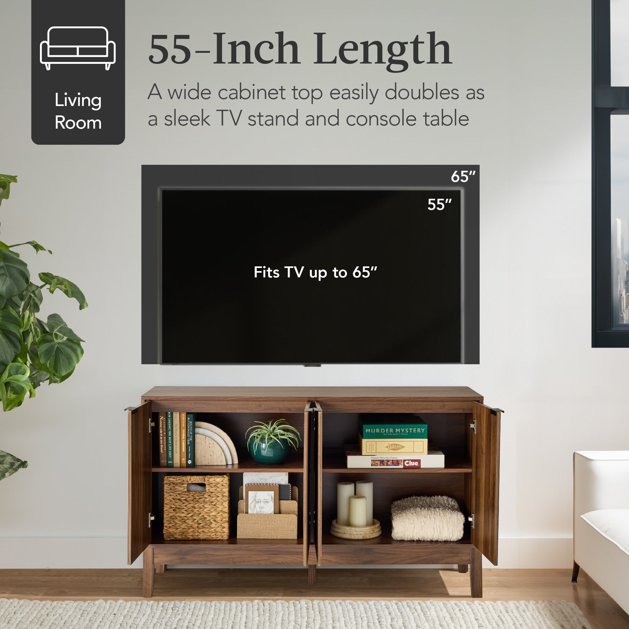 4-Door Reeded Storage Cabinet Accent Furniture Sideboard