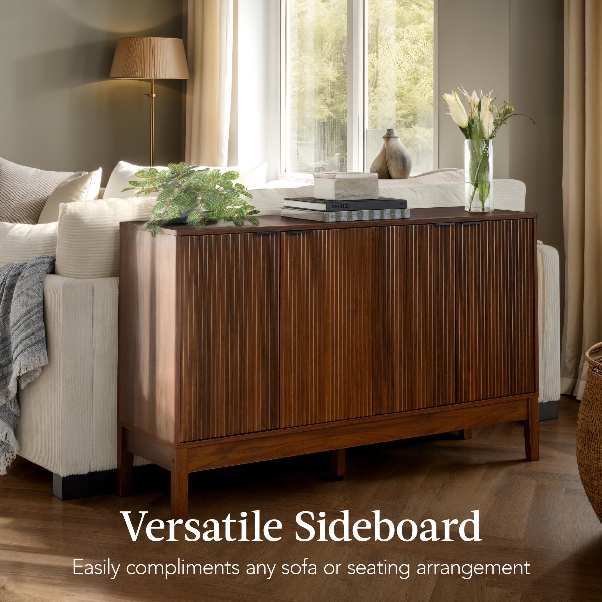 4-Door Reeded Storage Cabinet Accent Furniture Sideboard